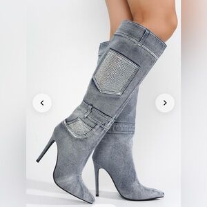 Cape Robbin jacquie Stylish Denim High Heel Boots with Silver Accents